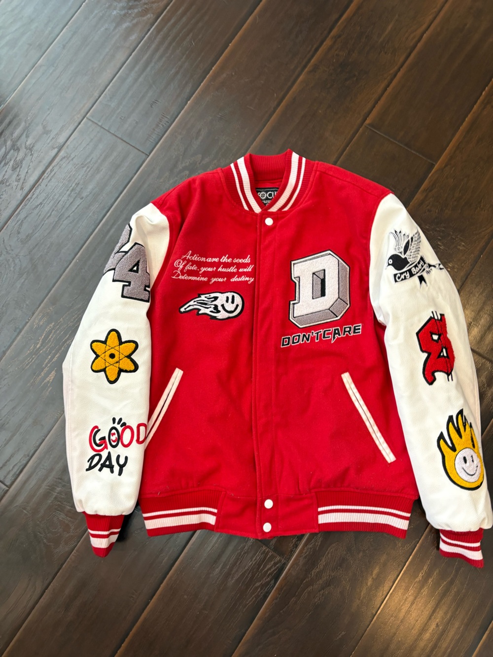 Red & White Patchwork Varsity Bomber Jacket